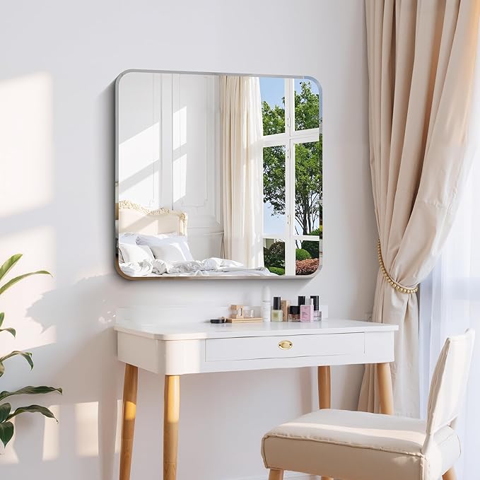 Beveled Mirror 30"x30", Square Frameless Bathroom Mirror Rounded Corner, Framless Vanity Mirror Shatterproof Tempered Glass Lightweight Design for Bedroom Living Room Entryway