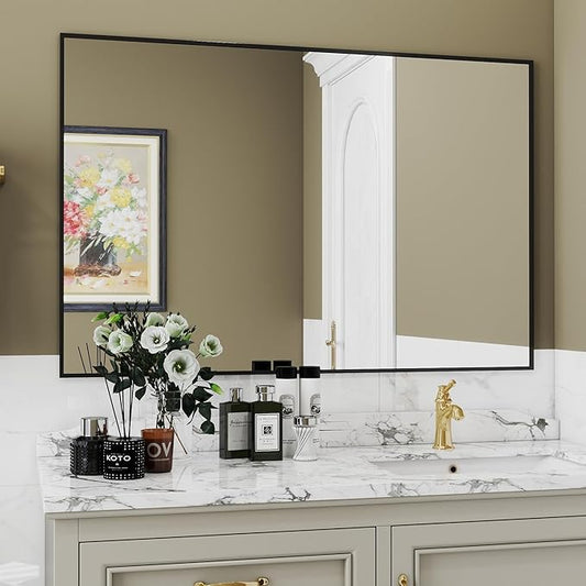 48x32 Black Framed Bathroom Mirror, Matte Black Bathroom Vanity Mirror Farmhouse, Large Rectangle Wall Mirror, Anti-Rust, Tempered Glass, Shatter-Proof, Easy to Install Vertically/Horizontally
