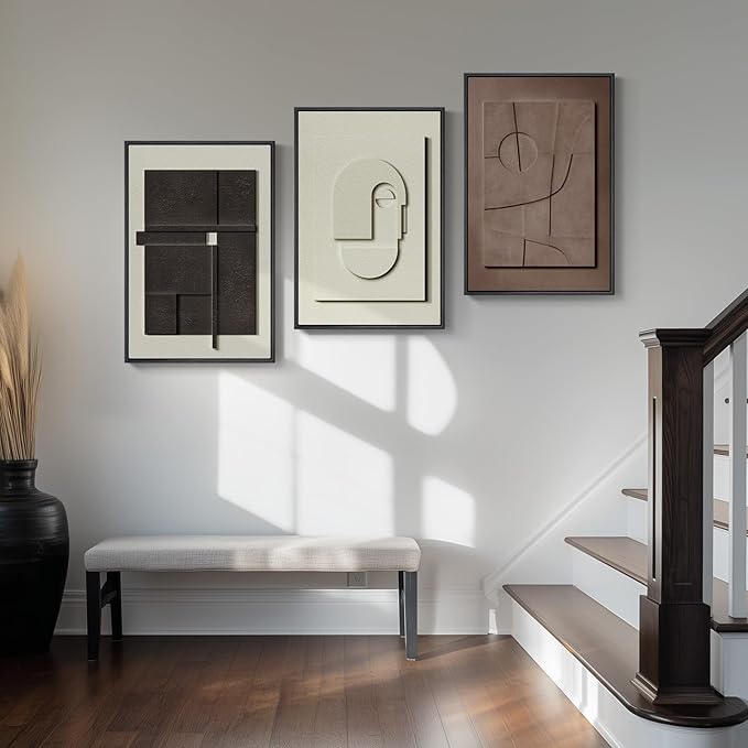 3D Textured Framed Abstract Wall Art, 3 Piece Modern Paintings Artwork for Walls, Black White Brown Geometric Sandstone Texture Pictures for Living Room Dining Room Bedroom Office Wall Decor 16x24 In