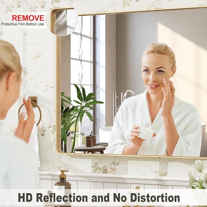 28x36 Gold Framed Bathroom Mirror, Brushed Gold Metal Vanity Mirror, Rectangle Modern Mirror for Wall, Rounded Corner, Tempered Glass, Anti-Rust, Shatterproof, Hangs Horizontally or Vertically