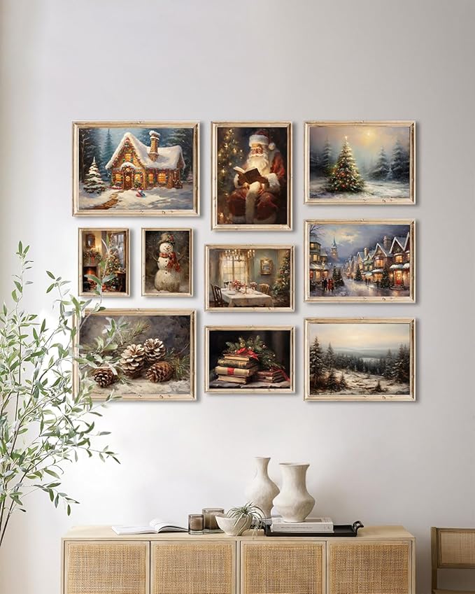 KBKBART Christmas Wall Art Prints Set of 10, Winter Christmas Picture Wall Decor Santa Xmas Tree Forest Canvas Artwork, Snow Scene Street Christmas Aesthetic Posters for Bedroom, Vintage Christmas Holiday Decor - Unframed