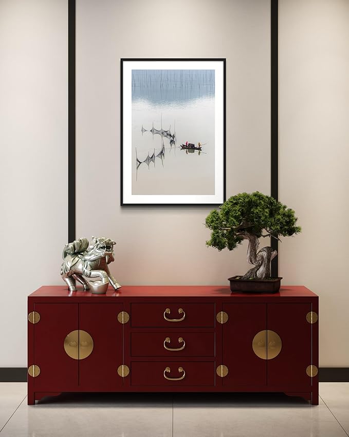 Oriental Beauty: Stunning Feng Shui Landscape Wall Art Vertical Prints for Home Decor in 3 Sizes (Tranquil Fishing: Reflections on a Serene Waterway, 24" x 36", Oriental Beauty)