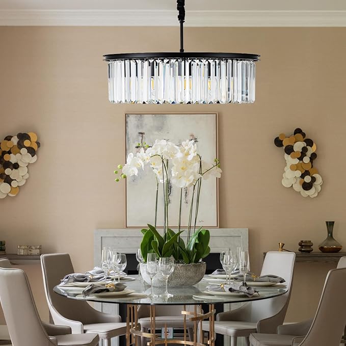 23" 8-Light Modern Crystal Chandelier Light Fixtures 2 Rings Black Luxury Chandeliers for Dining Room Round Hanging Pendant Lighting for Living Room Kitchen Entryway Bedroom