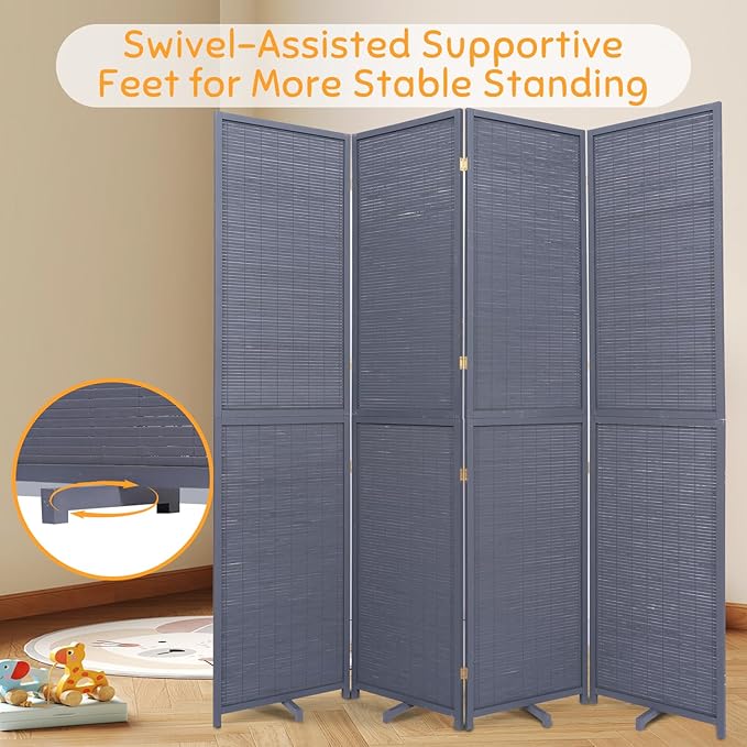 Bamboo Room Divider Folding Privacy Screens, Wall Divider for Room Separation, Portable Room Partitions and Dividers, 5.6FT Bamboo Mesh Woven Room Divider Panel (Grey, 4 Panel)