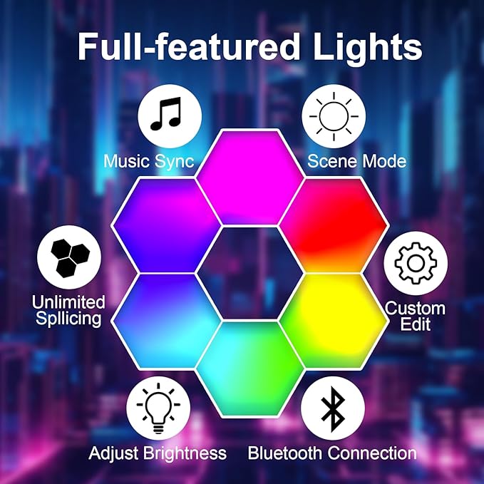 8 Pack RGB Hexagon Led Lights Wall Panels, Music Sync Color Changing Circle Lights, Hexagon Lamp with Remote Control & App Control, Led Shape Hex Light for Bedroom Gamers PlayStation Decor
