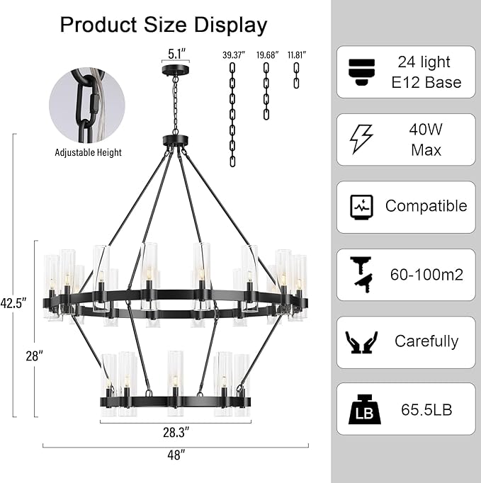 48" Black Chandelier, 2 Tier Wagon Wheel Chandelier with Glass Shade, 24-Lights Large Round Modern Farmhouse High Ceilings Pendant Lighting Fixture for Dining Room, Living Room, Kitchen, Foyer