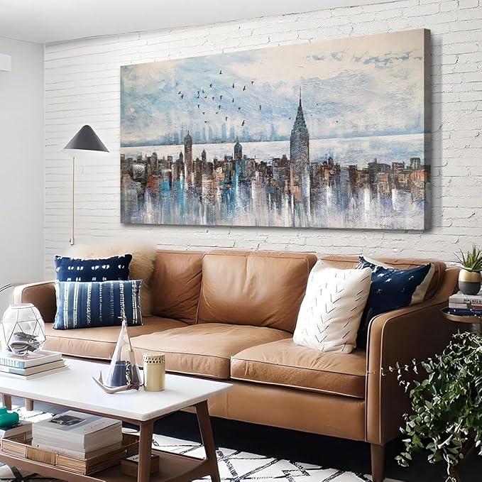 Arjun Cityscape Wall Art New York City Skyline Picture Modern Abstract Grey NYC Skyline Painting Framed Artwork for Bedroom Living Room Home Office Decor, Large 48"x24"