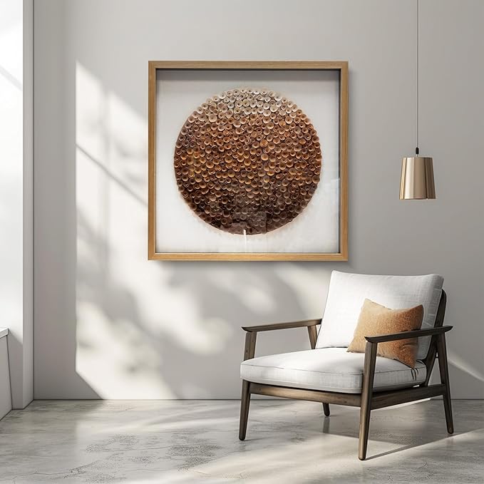 BrightA Natural Wood Paper Cylinder Wall Art Brown Gradient Color Circular Design with Earthy Tones Framed Artwork Modern Minimalist Home Decor for Living Room 31.5"x31.5"