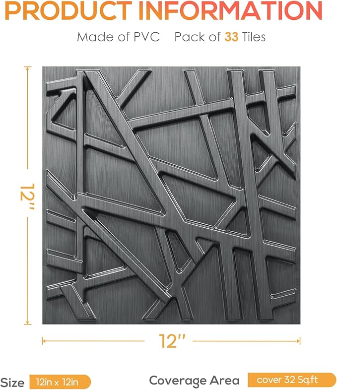 33 Pack 3D Wall Panels for Interior Wall Decor, 12''x12'' Brushed Silver Accent Textured Wall Panels, Wall Covering Panles for Living Room, Gaming Room, TV Background, Cover 32 Sq.Ft
