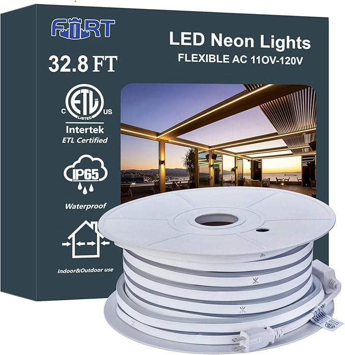 LED Neon Rope Lights 32.8FT 10M 120V AC Plug-in LED Strip Lights Connectable Waterproof Led Light Strip for Indoor/Outdoor Use, Warm White Neon Lights for Party Wedding Home Decoration ETL