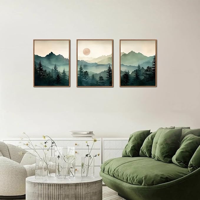 LHIUEM Boho Mountain Framed Canvas Set Forest Pine Tree Decor Mountain Cabin Framed Art Nature Sunrise Wilderness Landscape Art Painting Boho Decor Wall for Living Room Bedroom Dining Room Office