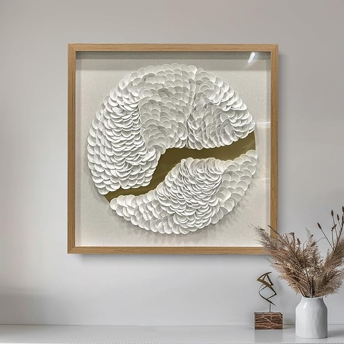 BrightA White Leather Wall Art Wall Sculpture Eclectic Decor Handcrafted Layered Texture with Wooden Shadow Frame Acrylic Protected Modern Abstract Decor for Living Room/Gallery 31.5"x31.5"
