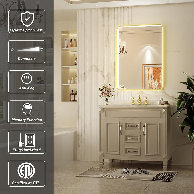 20X28 Inch Framed LED Lighted Bathroom Mirror,Wall Mounted Gold Metal Vanity Mirrors with Lights,Dimmable Illuminated Anti-Fog Mirror(Horizontal/Vertical)