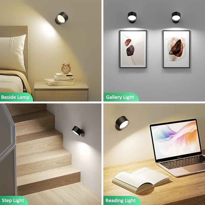 Lightbiz LED Wall Mounted Lights 3 Pcs with Remote, Wall Sconces Lamp 3000mAh Rechargeable Battery Operated, 3 Color Temperatures & Dimmable Magnetic 360° Rotation Cordless Light for Bedroom Bedside