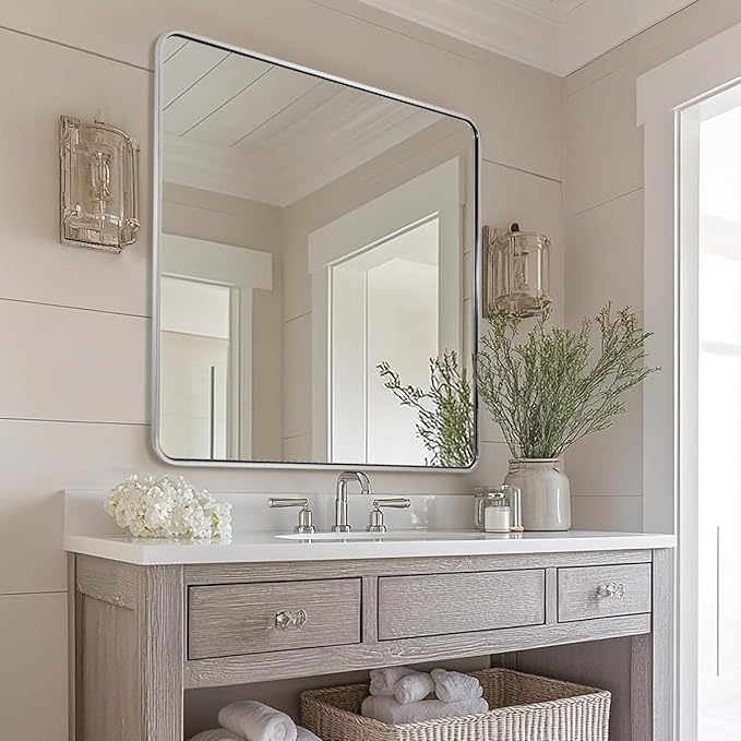 ANDY STAR 36x36 Inch Chrome Mirrors for Bathroom, Chrome Square Bathroom Vanity Mirror, Rounded Mirror, Anti-Rust SUS304, Seamless Tube Metal Frame, 1’’ Deep Wall Mounted Vertically/Horizontal