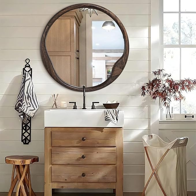AOAOPQ Rustic Brown Round Mirror 28 inch Circle Mirror Frame Round Wall Mounted Mirrors for Living Room Bathroom Wall Entryway Hallway Bedroom Decor Large Wood Frame Mirror