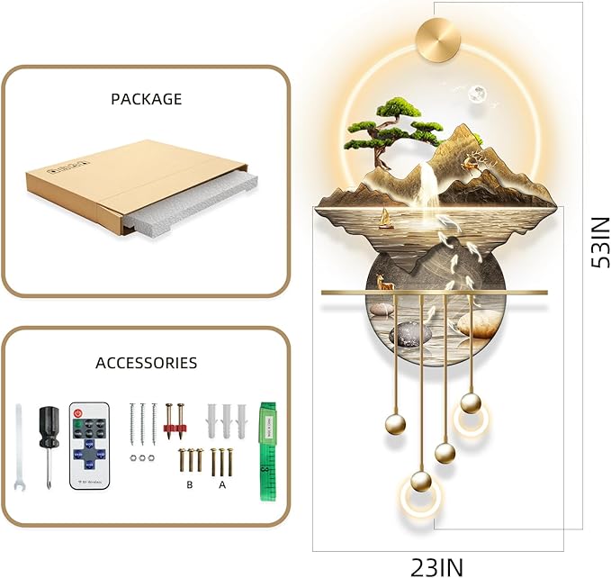 LED Light Art Wall Decor, Decor Wall Sculptures Art 3D for Home, Arts Decorations Walls Sculpture with Light, Plug-in Power Supply, Gold E, 23x53IN