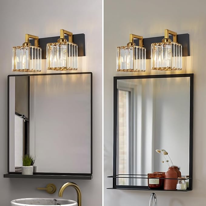 Modern Bathroom Vanity Light 2-Lights Black Gold Crystal Wall Lamp Bathroom Modern Crystal Vanity Lighting