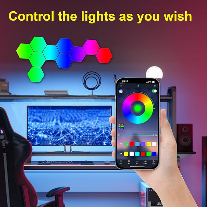 10-Pack Hexagon LED Lights for Wall, Smart RGBIC Music Sync Gaming Room Decor Lighting, 16M Colors Changing App & Remote Controlled, RGB Led Light Panels for Gamers (Type-C Powered)