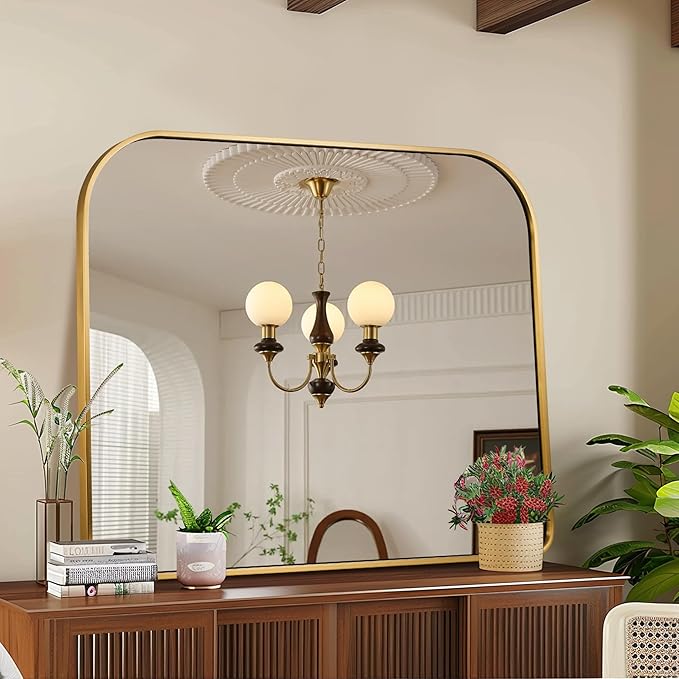 ANDY STAR 36x30'' Brushed Brass Arched Mirror, Modern Arched Mantel Rectangular Mirror Rounded Corner for Fireplace, Bathroom, Powder Room in 1 inch Anti-Rust SUS304 Tube Metal Frame Wall Mounted