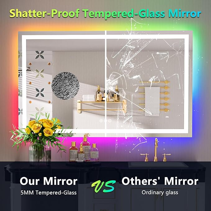 55x40 Inch RGB LED Bathroom Mirror Front Light and RGB Backlit Lighted Vanity Mirror for Bathroom Wall Mounted Dimmable Anti Fog Memory Shatter-Proof IP54 Waterproof Horizontal/Vertical