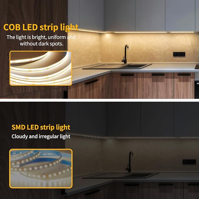 32.8ft COB LED Strip Lights 3000K Warm White Dimmable DC 24V Flexible LED Tape Light for Bedroom, with Remote and app Control LED Light Strip,for DIY Home Decoration
