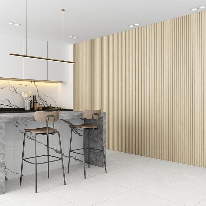 8-Pack WPC Wall Panels 108’’ x 6.3’’ 3D Slat Wall Panel Acoustic Wall Paneling for Interior Wall Decor TV Background Kitchen Bedroom Natural Wood