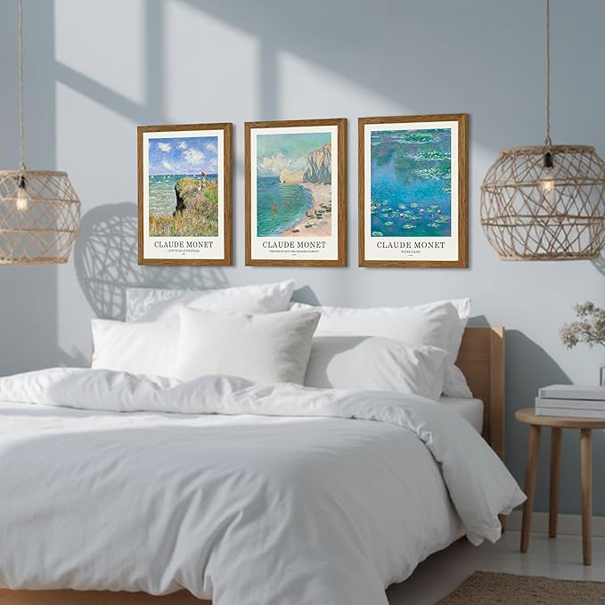 JLTULT 3 Piece Framed Vintage Claude Monet Canvas Wall Art, Impressionism Landscape Wall Decor, The Cliff Walk at Pourville Water Lilies Prints for Living Room Bedroom Office 16x24 in Easy to Hang
