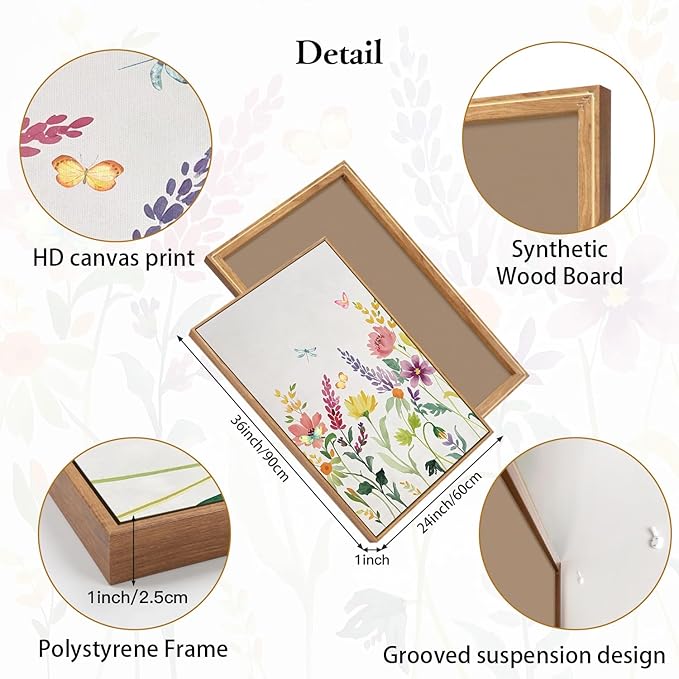 CHDITB Watercolor Floral Framed Wall Art, Colorful Botanical Flowers Wall Decor, Pastel Flower Artwork Minimalist Wildflower Painting, Modern home Art Prints for Living Room, Bedroom, Office 24"x36"x3