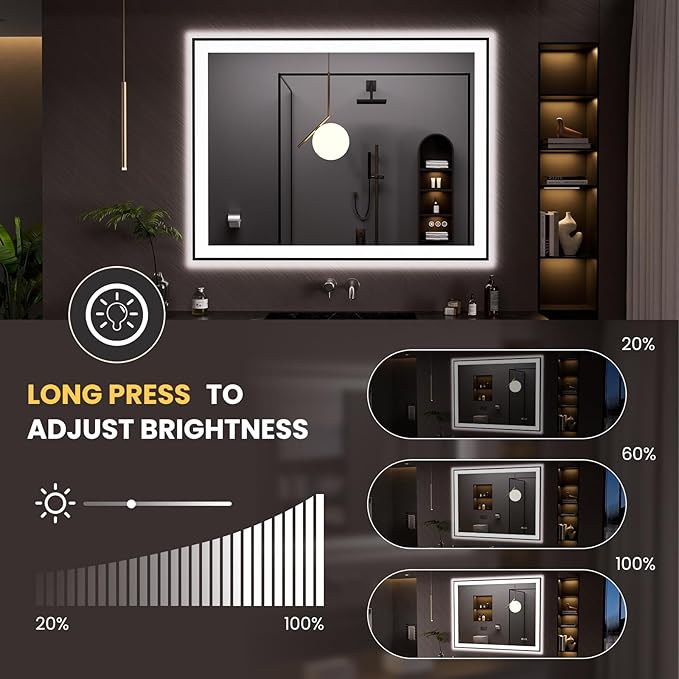 LOAAO 48"X36" LED Bathroom Mirror Black Framed, Anti-Fog, Dimmable, Lighted Bathroom Vanity Mirror for Wall, Memory Function, Tempered Glass