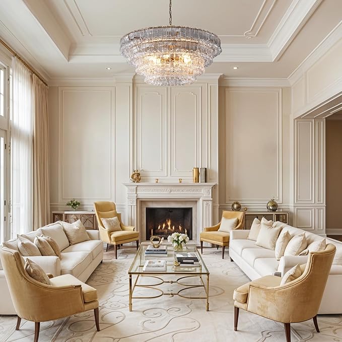 Clear Glass 36 inch Round Chandelier for Dining Room, Modern Drum Pendant Light Fixture with Crystal Glass, Gold Large Ceiling Light Perfect for Living Room, Bedroom