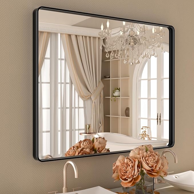 Black Mirror for Bathroom 40x32 Inch,Black Metal Frame Vanity Mirror for Wall,Rounded Corner Rectangle Matte Black Mirror,Tempered Glass,Anti-Rust (Horizontal/Vertical)