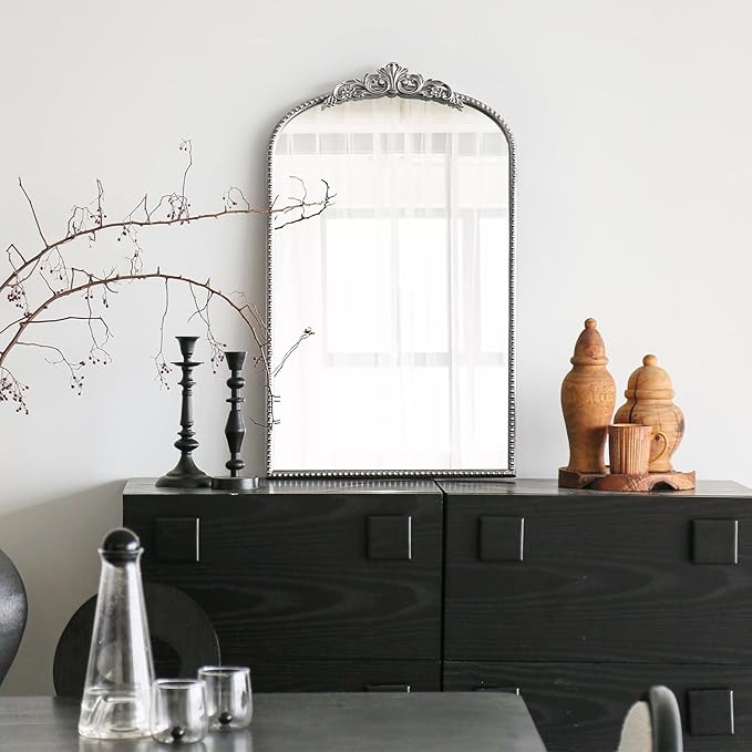 Micasso Vintage Arched Silver Mirror: 31"x19" French Baroque Antique Mirror - Traditional Ornate Decorative Mirrors for Wall/Bathroom/Entryway/Fireplace/Hallway - Home Decor for Living Room