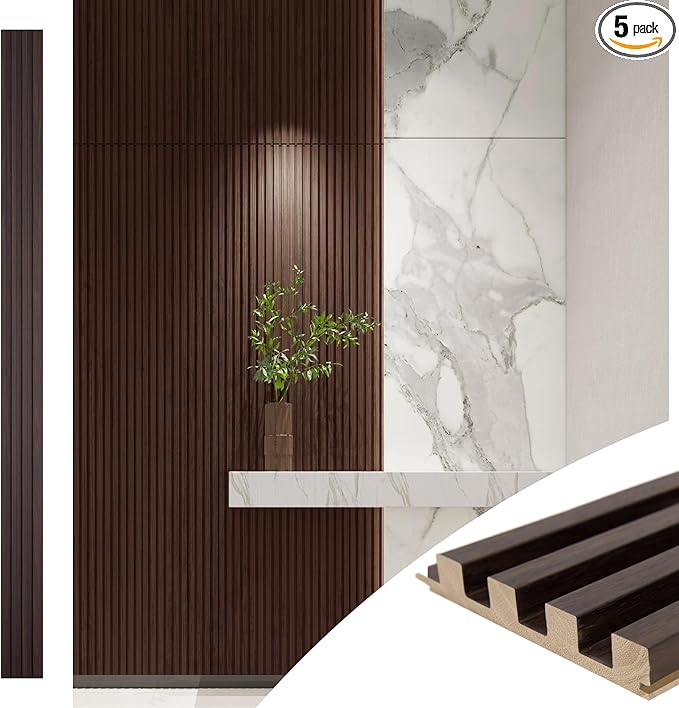 Art3d Slat Wood Wall Paneling for Interior and Ceiling Decoration - Pack of 4pcs + 1pc End-Trim, Size 108 x 5.7in.- Smoked Oak