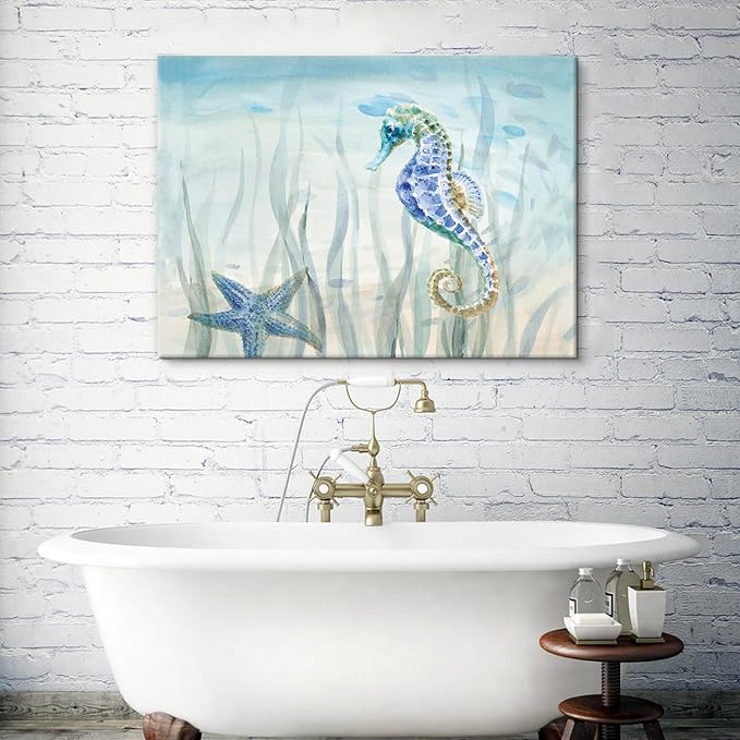 Ocean Wall Art Sea Life Wall Decor Costal Watercolor Seahorse Painting Blue Sea Animal Pictures Starfish Canvas Artwork for Bathroom Bedroom Home Decoration 36x24Inch