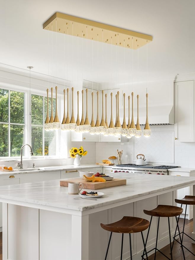 24-Lights Rectangular Chandelier Crystal Raindrop Chandeliers Flush Mount Ceiling Light for Dining Room Living Room High Ceiling Chandelier for Staircase Foyer Entryway Gold Chandeliers