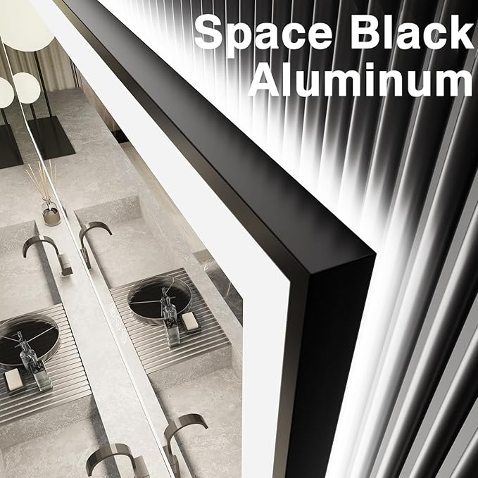 24x32 LED Bathroom Mirror, Black Aluminum Framed, Backlit + Front-Lit, 3 Colors Temperature Changeable, Dimmable Vanity Mirror, Tempered Glass, Defog, Waterproof, Memory (Horizontal/Vertical)