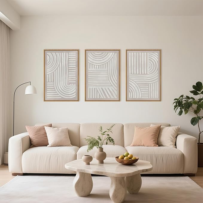 Large Abstract Neutral Geometric Framed Canvas Wall Art,Boho Minimalist Shapes Wall Decor,Modern Lines Artwork,Mid Century Arch Art Print for Living Room,Bedroom,Office- 24"x36"x3
