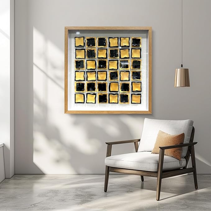 BrightA Black and Gold 3D Wall Art with Textured Grid Design Handcrafted Acrylic Panels in Solid Wood Frame, Modern Abstract Sculpture for Contemporary Living Room Office 31.5"x31.5"