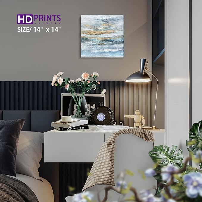 Nicetop Bathroom Wall Art Abstract Canvas Art Print Modern Blue Ocean Picture Small Coastal Sunset & Sunrise Artwork for Sea Lake Themed Home Bedroom Décor 13.3x13.3inch