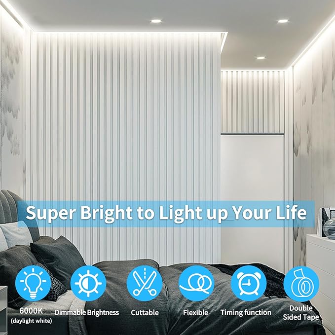 32.8ft COB LED Strip Lights DC 24V Dimmable 6000K White Flexible LED Tape Light for Bedroom, with Remote and app Control LED Tape Lights CRI90+,for DIY Home Decoration（White
