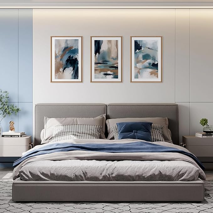 KAIRNE Blue Abstract Neutral Framed Canvas Wall Art Set, Navy Abstract Wall Decor, Watercolor Blue and Brown Wall Painting, Modern Textured Art Prints for Living Room, Bedroom, Office - 24"x36"x3