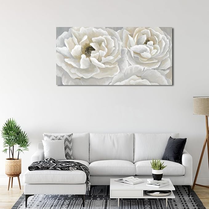 arteWOODS Cream White Flowers Wall Art - Soft Peony Pictures for Wall Decor Elegant Blossom Flower Painting Artwork Botanical Prints for Living Room Home Office Wall Decoration 24" x 48"