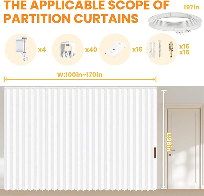 100% Blackout Room Divider Curtains - Total Privacy Curtain Panel, Thermal Insulated Noise Reduction Curtain for Bedroom Windows,Include Ceiling Curtains Track(White, W180 x L96, 1 Pack)