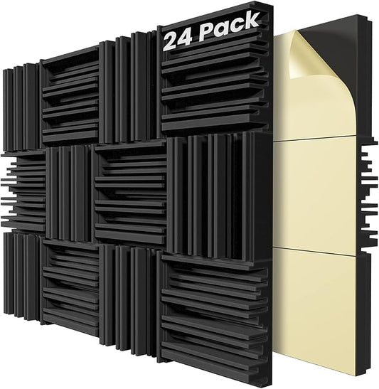 24 Pack Self-Adhesive Sound Proof Foam Panels,12 X 12 X 2 inches Acoustic Foam,High Resilience Sound Proofing Padding for Wall,Sound Absorbing Panels Suitable for Home Studios, Offices - Black