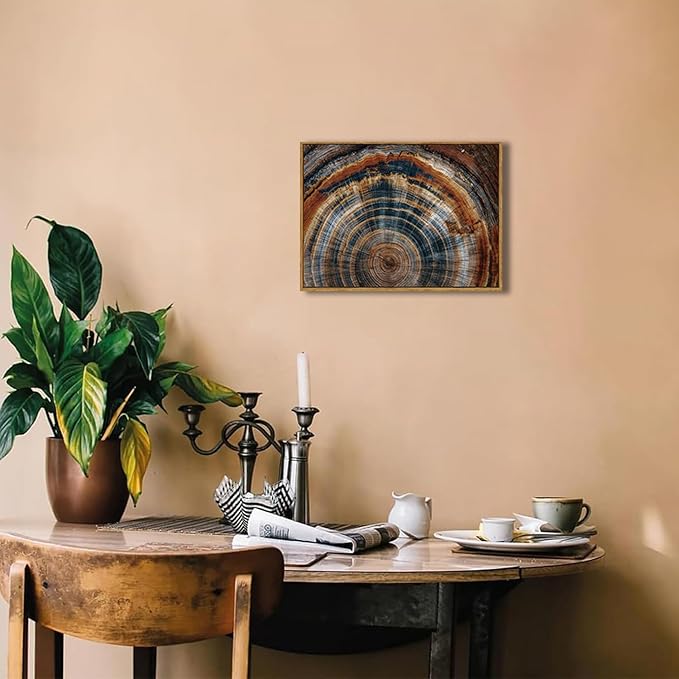 BingruiArt Framed Tree Ring Canvas Wall Art Abstract Wood Wall Decor Boho Modern Colorful Nature Painting Wood Stump Prints Pictures for Living Room Bedroom Bathroom Office 12"x16" Natural Framed(04)