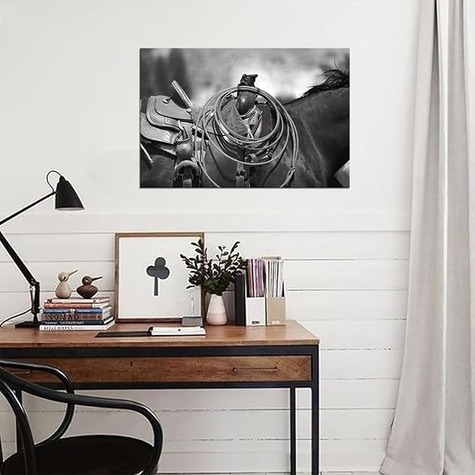 American West Rodeo Cowboy Wall Art Painting Saddle and Rope Picture on Canvas Artwork for Bedroom Living Room Office Home Decortion Prints Framed(28L" x 44W")