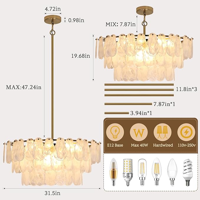 Modern Large Gold Glass Chandeliers, 12-Light Luxury Cloud Pendant Light Fixture, 31.5 inch Round Ceiling Hanging Light Fixture for Living Room Bedroom Dining Room Kitchen Foyer Staircase Offices