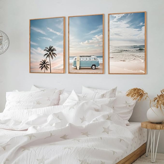 Ausril Large Ocean Beach Framed Canvas Wall Art Set, Bus and Palm Tree Wall Decor, Coastal Beach Surfboard Wall Painting, Modern Seaside Art Prints for Living Room, Bedroom, Dining Room - 24"x36"x3