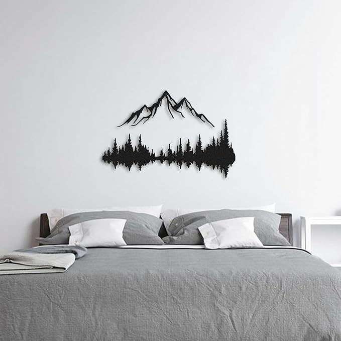 Metal Wall Art - Mountain & Forest Metal Wall Decor - Large Wall Sculpture for Rustic Home Living Room Bedroom Indoor/Outdoor (Black, 23.6'' x 15.7'' / 60 x 40 cm)